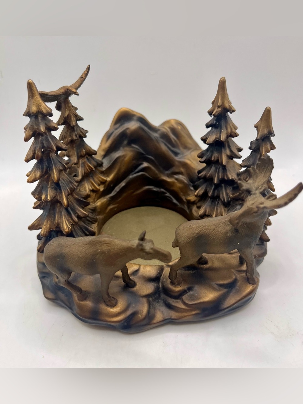 PartyLite Mountain Scene Bronze Color Candle Holder Moose Eagle Trees